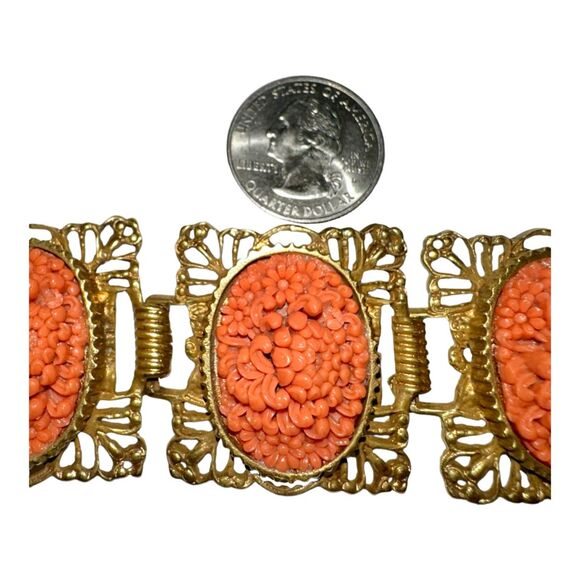 Vintage Rococo Gold-Tone Bracelet with Red Coral Accents - Ornate Design - Picture 2 of 12
